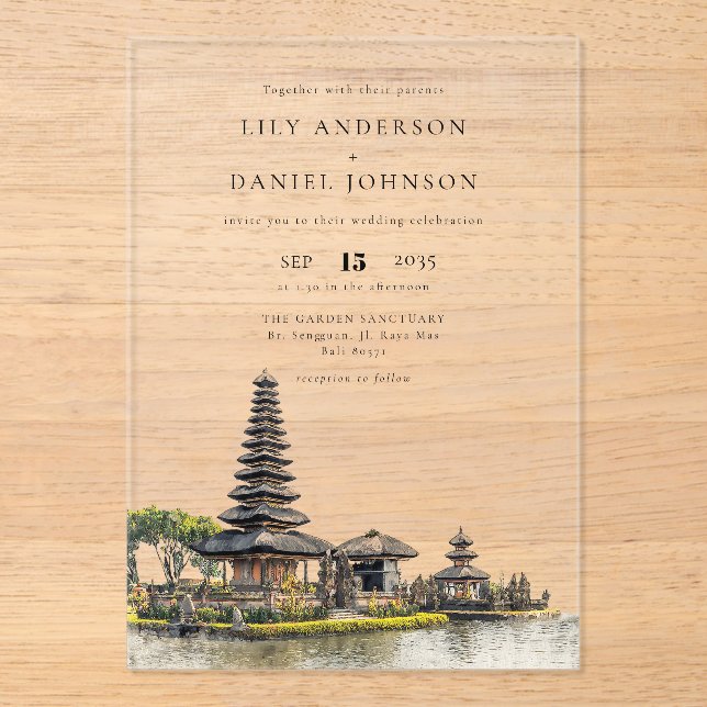 Watercolor Bali Temple Destination Wedding Acrylic Invitations (Front)
