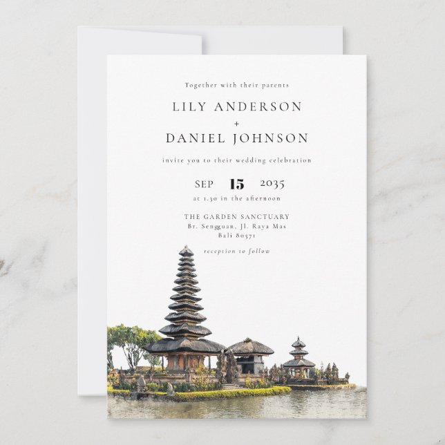 Watercolor Bali Temple QR Code Wedding Invitation (Front)