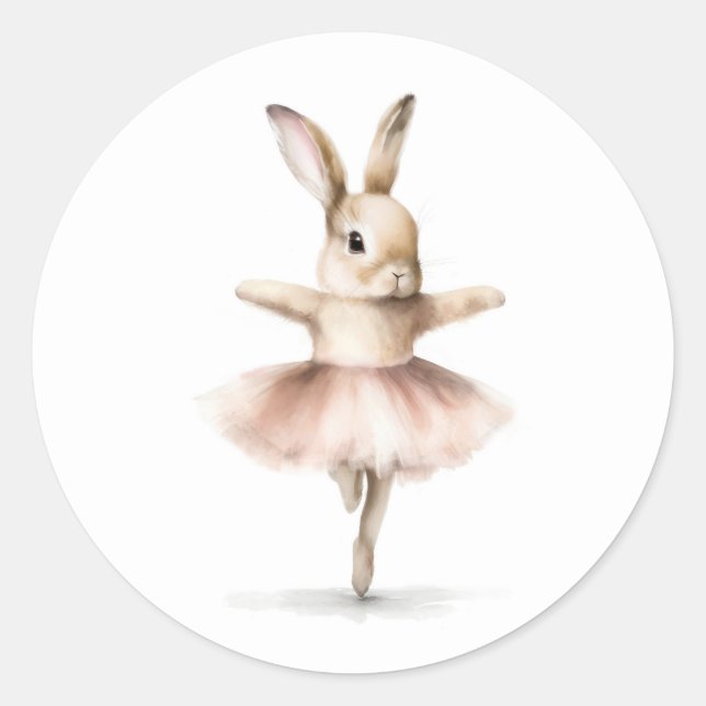 Watercolor Ballerina Bunny Dancing Tan Pink Classic Round Sticker (Front)