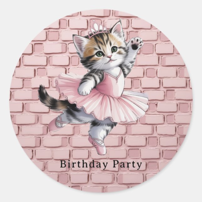 Watercolor Ballerina Kitten Girl Birthday Party Classic Round Sticker (Front)