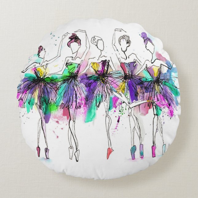 Watercolor Ballerinas: Bright Dance Illustration Round Cushion (Front)