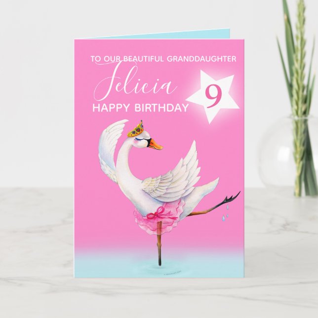 Watercolor ballet swan granddaughter 9th birthday card (Front)