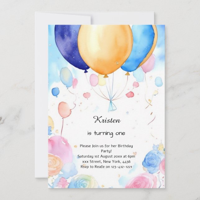 Watercolor Balloon 1st Birthday Invitation (Front)