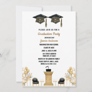 Watercolor balloon and hats Graduation Party  Invitation