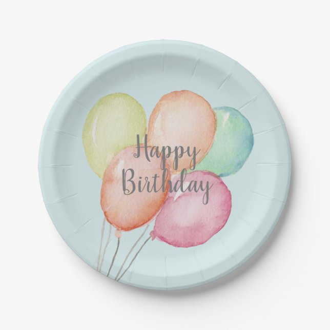 Watercolor Balloon Bunch Blue Birthday Paper Plate (Front)