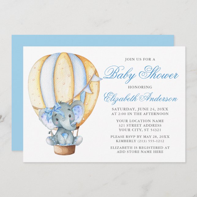 Watercolor Balloon Elephant Blue Bow Baby Shower Invitation (Front/Back)