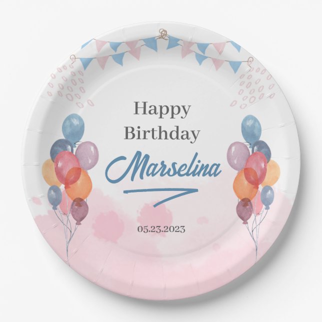 Watercolor Balloon girl birthday party Paper Plate (Front)