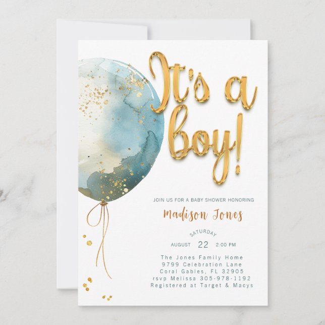 Watercolor Balloon It's A Boy Baby Shower Invitation (Front)
