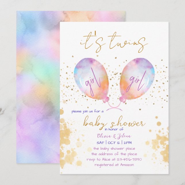 Watercolor Balloon Pink Twin Girl Baby Shower Invitation (Front/Back)