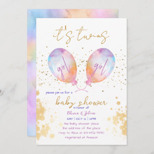 Watercolor Balloon Pink Twin Girl Baby Shower Invitation