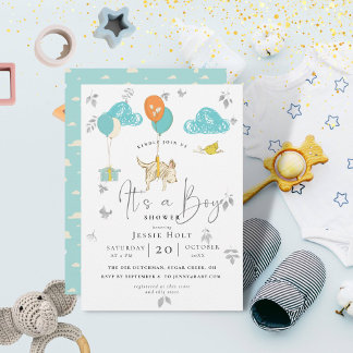 Watercolor Balloon Puppy Baby Boy Shower Invitation