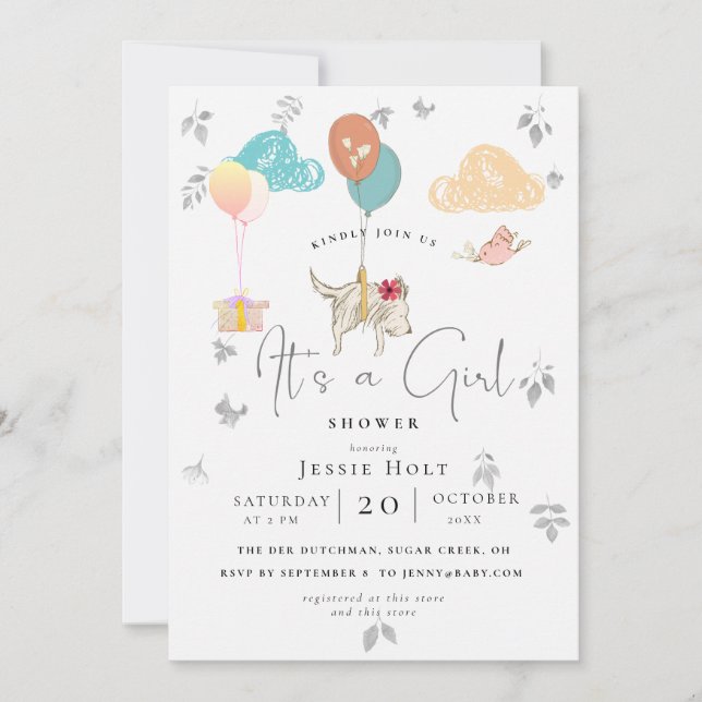 Watercolor Balloon Puppy Baby Girl Shower Invitation (Front)