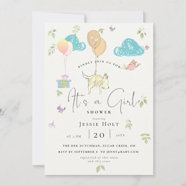 Watercolor Balloon Puppy Baby Girl Shower Invitation (Front)