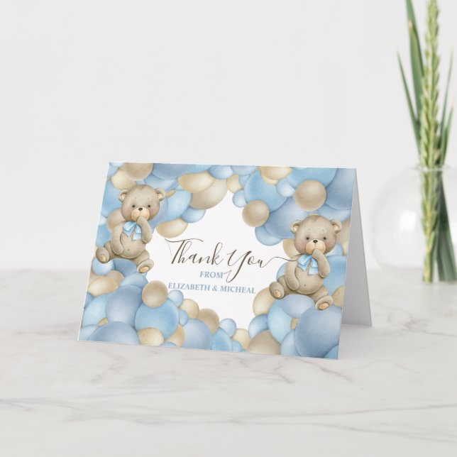 Watercolor Balloon Teddy Theme Paper Napkin Thank You Card (Front)