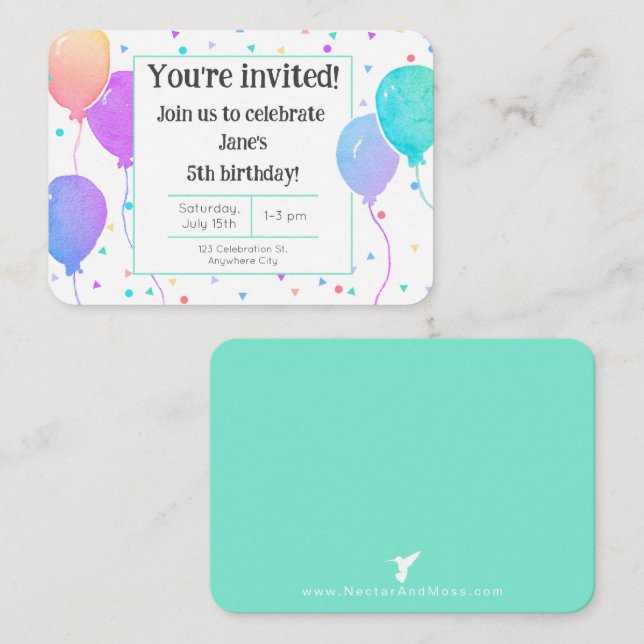 Watercolor Balloons Birthday Aqua Party Invite (Front/Back)