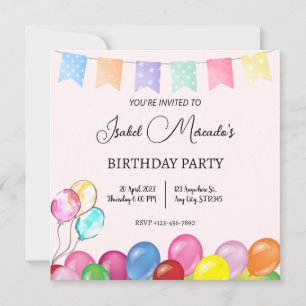 Watercolor Balloons Birthday Party Invitation