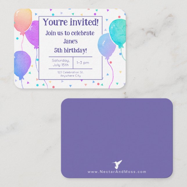 Watercolor Balloons Birthday Purple Party Invite (Front/Back)