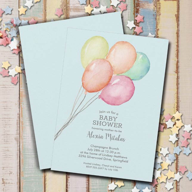 Watercolor Balloons Blue Baby Shower Invitation (Watercolor balloons boy baby shower invitations, PRINTED and/or INSTANT DOWNLOAD)