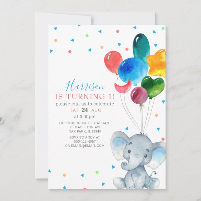 Watercolor Balloons Blue Elephant 1st Birthday  Invitation (Front)