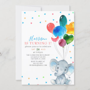 Watercolor Balloons Blue Elephant 1st Birthday  Invitation
