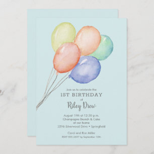 Watercolor Balloons Boy 1st Birthday Invitations