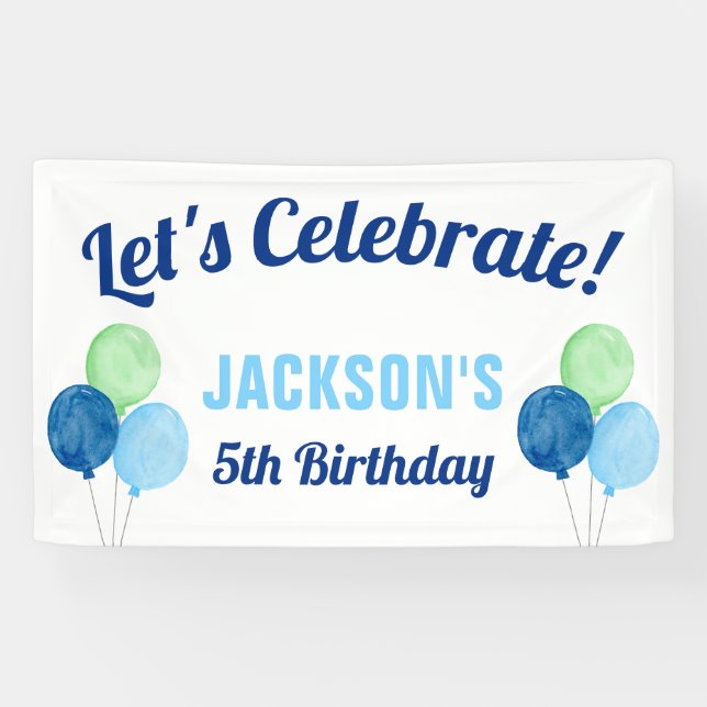 Watercolor Balloons Boy Birthday Banner (Horizontal)