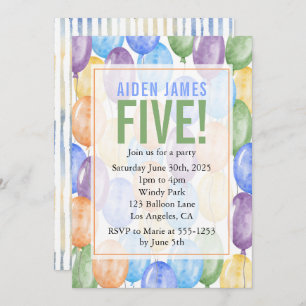 Watercolor Balloons Boy Birthday Invitation