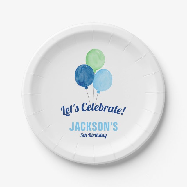 Watercolor Balloons Boy Birthday Paper Plate (Front)