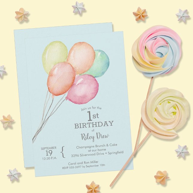 Watercolor Balloons Boy's 1st Birthday Invitation (Creator Uploaded)