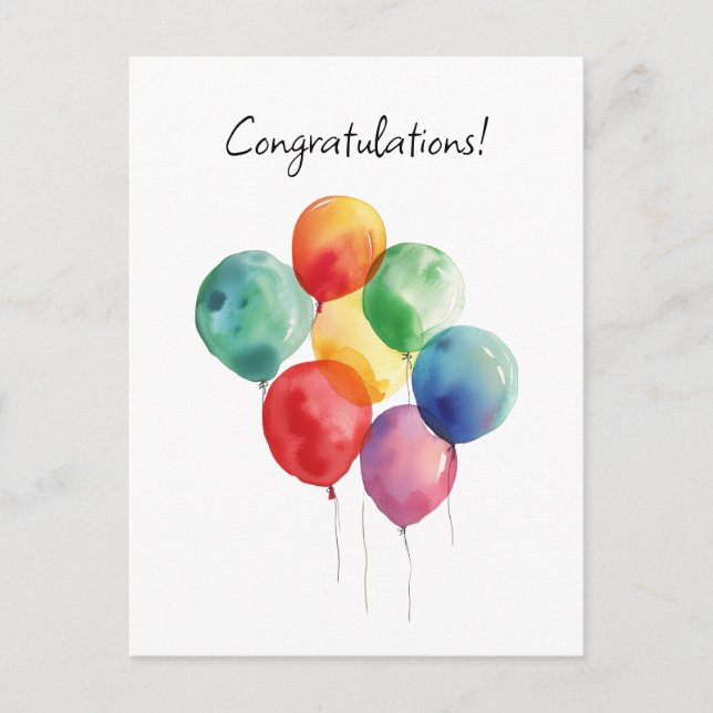 Watercolor Balloons Congratulations Minimalistic Postcard (Front)