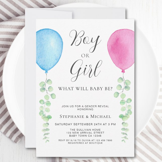 Watercolor Balloons Eucalyptus Gender Reveal Invitation (Creator Uploaded)