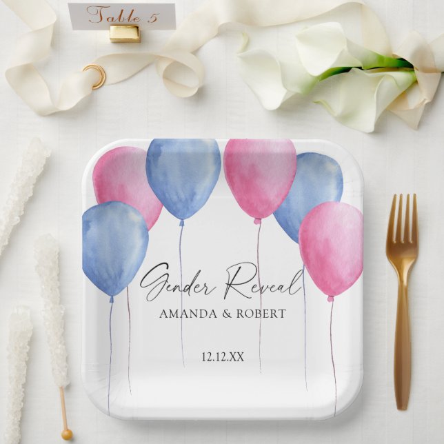 Watercolor Balloons Gender Reveal Paper Plate (Wedding)