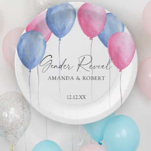 Watercolor Balloons Gender Reveal Paper Plate