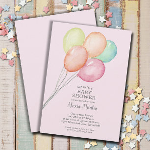 Watercolor Balloons Girl Baby Shower Invitation