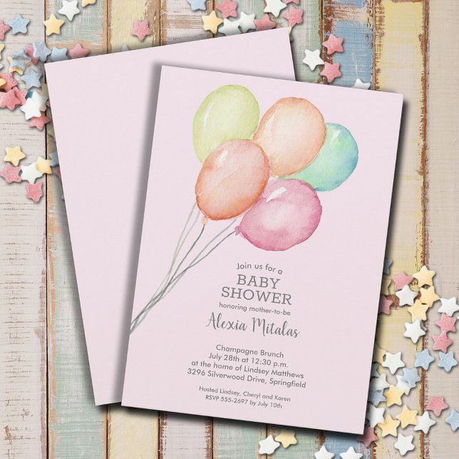 Watercolor Balloons Girl Baby Shower Invitation (Watercolor balloons girl baby shower invitations, PRINTED and/or INSTANT DOWNLOAD)
