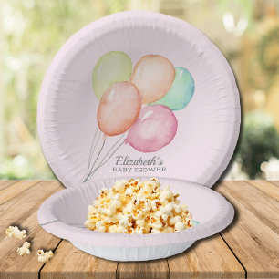 Watercolor Balloons Girl Pink Baby Shower Paper Plate