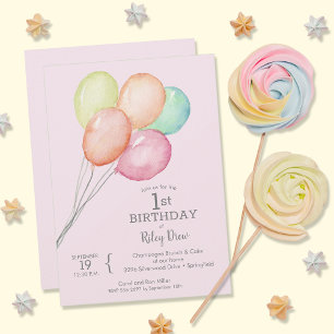 Watercolor Balloons Girl's 1st Birthday Invitation