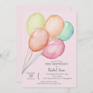 Watercolor Balloons Girl's 2nd Birthday Invitation