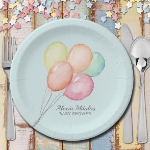 Watercolor Balloons on Blue Baby Shower Paper Plate
