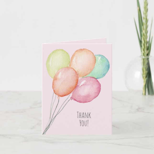 Watercolor Balloons on Pink 1st Birthday Thank You Card (Front)
