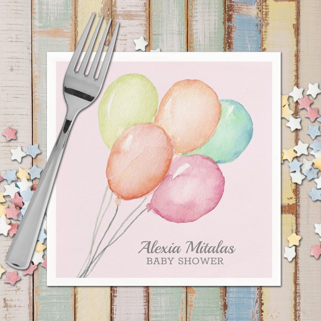 Watercolor Balloons on Pink Baby Shower Napkin (Watercolor Balloons Girl Baby Shower Pink Napkins)