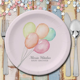 Watercolor Balloons on Pink Baby Shower Paper Plate