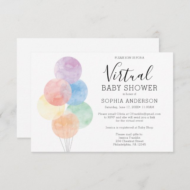 Watercolor Balloons Virtual Baby Shower Invitation (Front/Back)