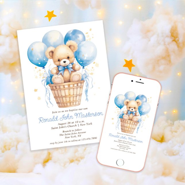 Watercolor Balloons with Teddy Bear Boy Baptism Invitation (Creator Uploaded)