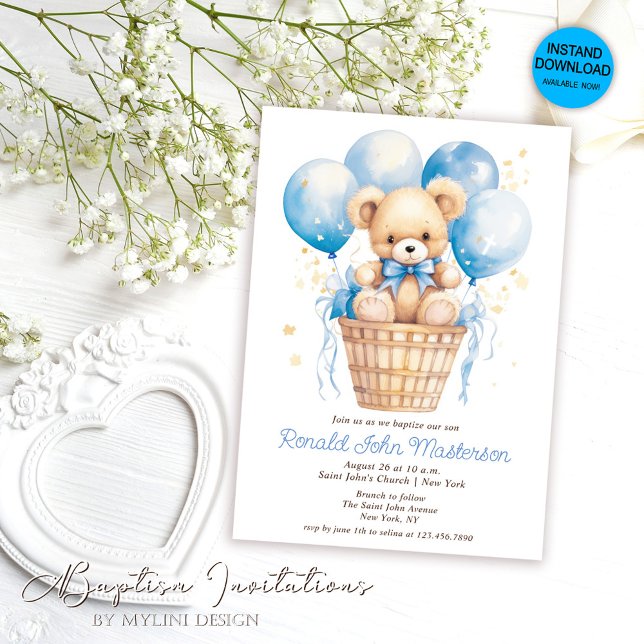 Watercolor Balloons with Teddy Bear Boy Baptism Invitation (Creator Uploaded)