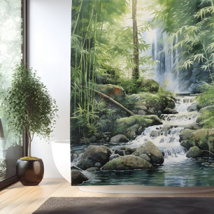 Watercolor Bamboo Forest Waterfall Shower Curtain