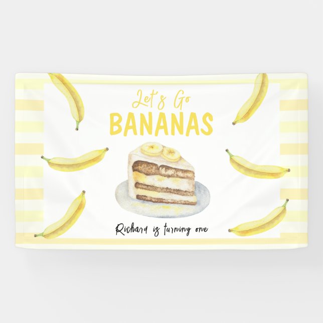 Watercolor Banana Cake Birthday Party Banner (Horizontal)
