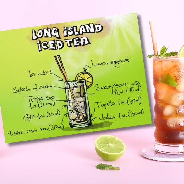Watercolor Bar Cocktail Recipe Postcard (Long Island Iced Tea Recipe Cocktail Postcard)