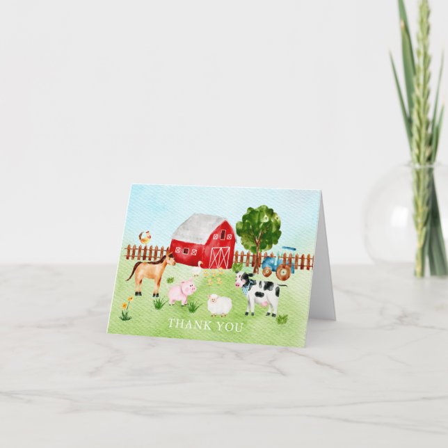 Watercolor Barn Animals Baby Shower Thank You Note (Front)