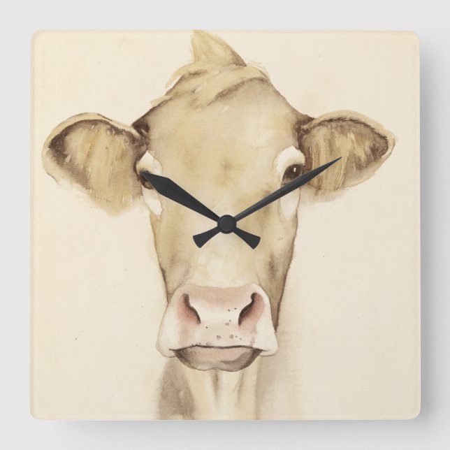 Watercolor Barn Animals | Cow Square Wall Clock (Front)
